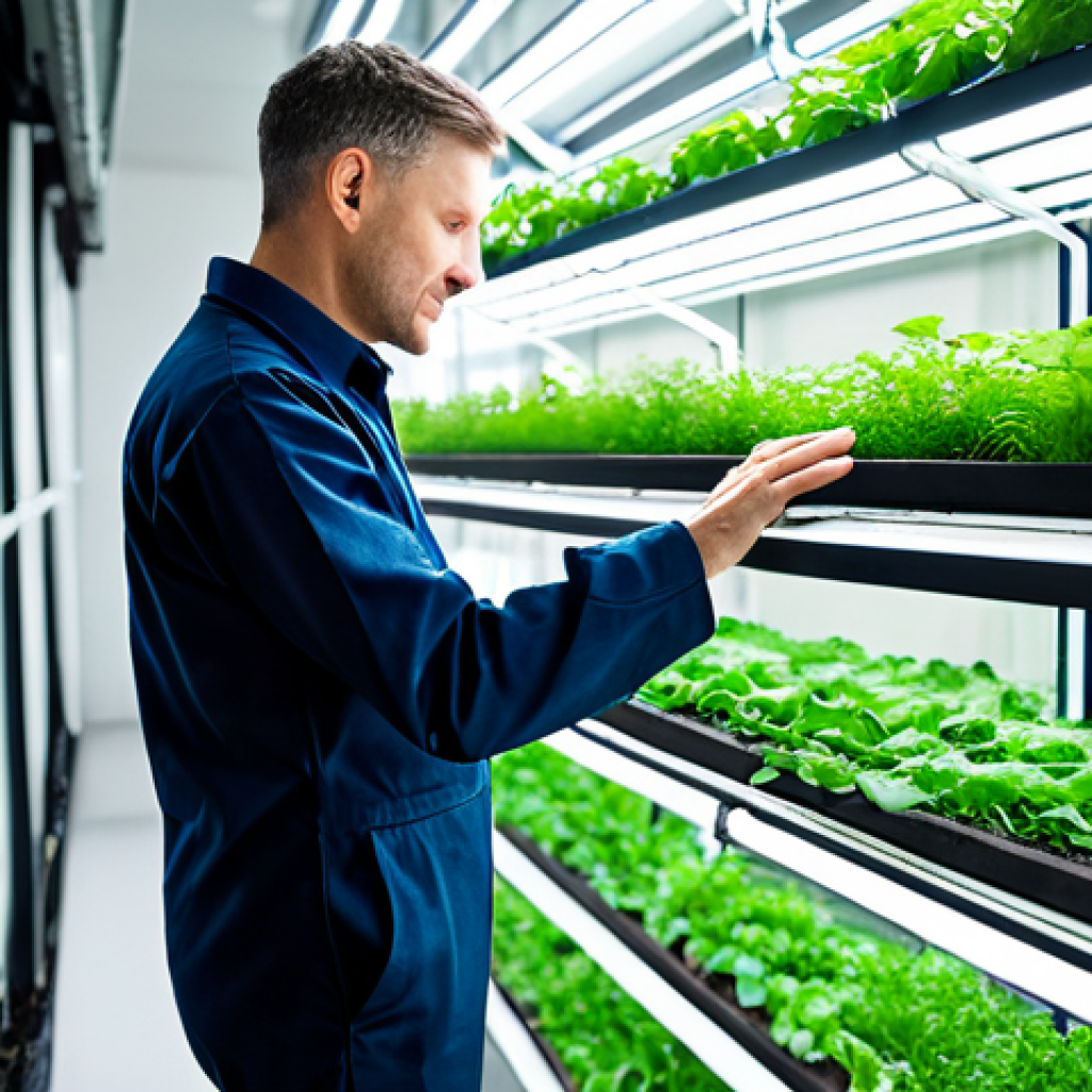 A professional urban farmer, fully clothed in a modest, clean work uniform, meticulously inspecting a multi-tiered aquaponics system within a brightly lit indoor vertical farm. The system features crystal-clear fish tanks with healthy fish and vibrant green leafy vegetables thriving in hydroponic channels above, demonstrating efficient water circulation. The background shows blurred modern city architecture through large windows. Professional photography, high resolution, soft focus on the plants, perfect anatomy, correct proportions, natural pose, well-formed hands, proper finger count, natural body proportions, safe for work, appropriate content, fully clothed, professional.