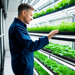 A professional urban farmer, fully clothed in a modest, clean work uniform, meticulously inspecting a multi-tiered aquaponics system within a brightly lit indoor vertical farm. The system features crystal-clear fish tanks with healthy fish and vibrant green leafy vegetables thriving in hydroponic channels above, demonstrating efficient water circulation. The background shows blurred modern city architecture through large windows. Professional photography, high resolution, soft focus on the plants, perfect anatomy, correct proportions, natural pose, well-formed hands, proper finger count, natural body proportions, safe for work, appropriate content, fully clothed, professional.