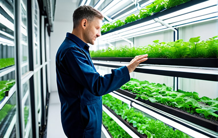 A professional urban farmer, fully clothed in a modest, clean work uniform, meticulously inspecting a multi-tiered aquaponics system within a brightly lit indoor vertical farm. The system features crystal-clear fish tanks with healthy fish and vibrant green leafy vegetables thriving in hydroponic channels above, demonstrating efficient water circulation. The background shows blurred modern city architecture through large windows. Professional photography, high resolution, soft focus on the plants, perfect anatomy, correct proportions, natural pose, well-formed hands, proper finger count, natural body proportions, safe for work, appropriate content, fully clothed, professional.