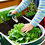 Balcony Vegetable Garden**

A sunny balcony filled with potted vegetables and herbs. Focus on easy-to-grow plants like lettuce, bok choy, and chives. Show a person (fully clothed in gardening attire) tending to the plants with a watering can. Add some gardening tools and a compost bin. Safe for work, appropriate content, fully clothed, modest, family-friendly. Perfect anatomy, correct proportions, natural pose, well-formed hands, proper finger count, natural body proportions, professional photography, high quality.

**