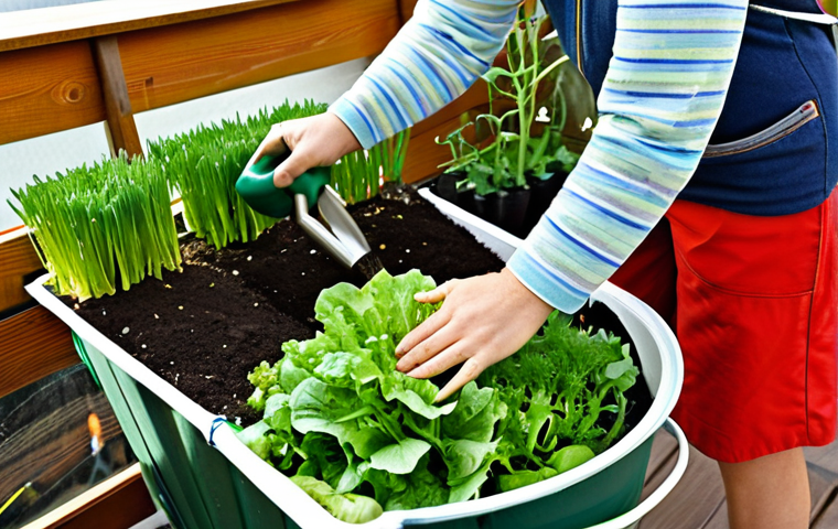 Balcony Vegetable Garden**

A sunny balcony filled with potted vegetables and herbs. Focus on easy-to-grow plants like lettuce, bok choy, and chives. Show a person (fully clothed in gardening attire) tending to the plants with a watering can. Add some gardening tools and a compost bin. Safe for work, appropriate content, fully clothed, modest, family-friendly. Perfect anatomy, correct proportions, natural pose, well-formed hands, proper finger count, natural body proportions, professional photography, high quality.

**