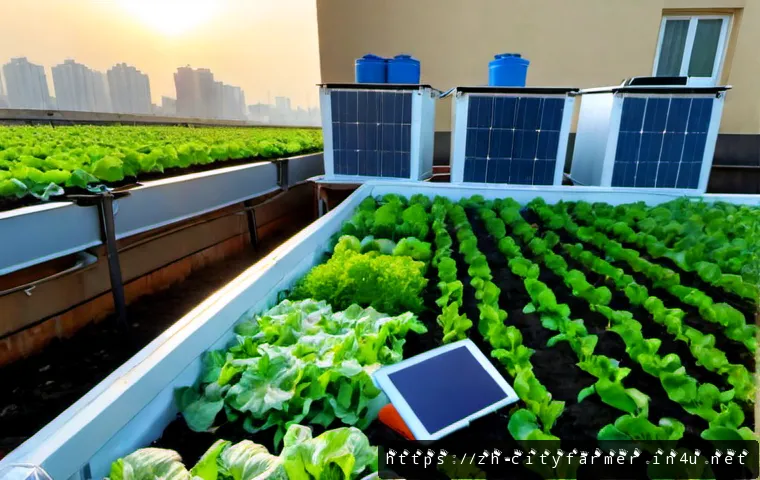 도시농업 환경 영향 평가 - Photorealistic urban rooftop farm at sunrise, raised vegetable beds surrounded by modern apartment b...