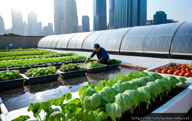 도시농업에서 기후 변화 대응하기 - Photorealistic rooftop urban farm designed for climate resilience, raised vegetable beds beneath a t...